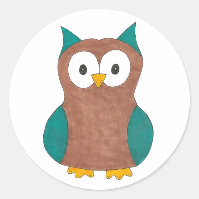 Redonda Pegatina de Bird Print Owl Pattern Blue Brown Owl (Anverso)