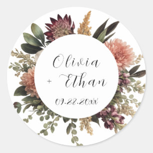 Redonda Pegatina de boda boho Corona floral Rústica Editab