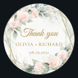 Redonda Pegatina de boda con marco dorado y verde boho des<br><div class="desc">Rosas rosadas boho y marco floral dorado clásico pegatina redonda monograma</div>