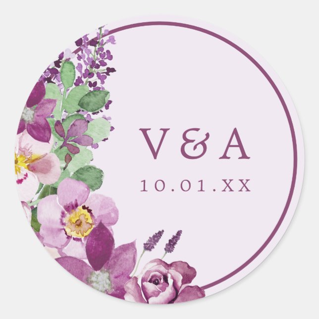 Redonda Pegatina de boda con monograma de lavanda (Anverso)