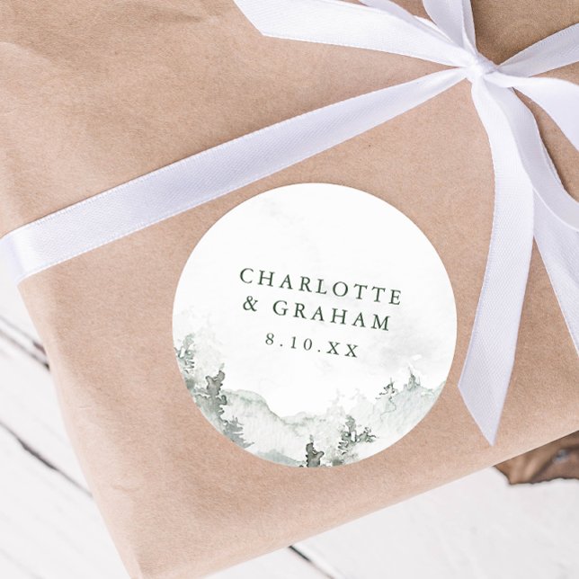 Redonda Pegatina de boda de bosque acuarela (Green and White Simple Minimalist Watercolor Forest Wedding Sticker
)