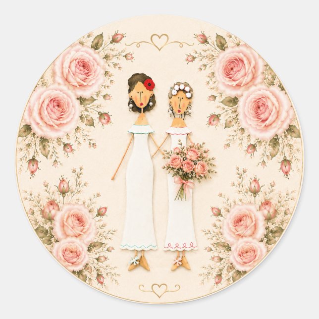 Redonda Pegatina de boda de dos novias (Anverso)