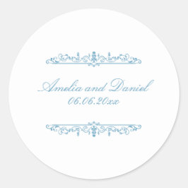 Redonda Pegatina de boda de estilo Regencia blanca y azul