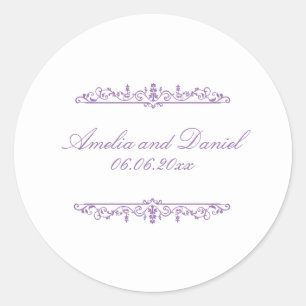 Redonda Pegatina de boda de estilo Regencia morada y blanc