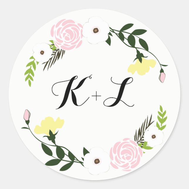 Redonda Pegatina de Boda de Jardín Floral (Anverso)