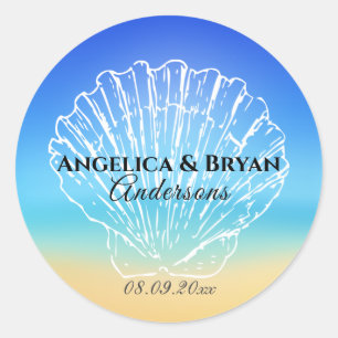 Redonda Pegatina de Boda de la concha marítima de playa
