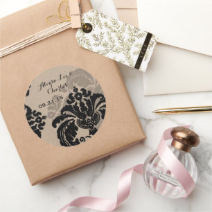 Redonda Pegatina de Boda de papel negro de Damask Brown