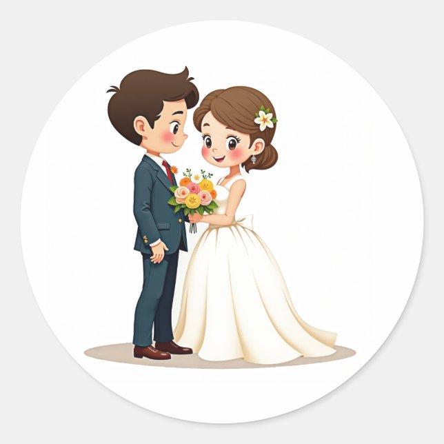 Redonda Pegatina de boda de pareja feliz  (Anverso)