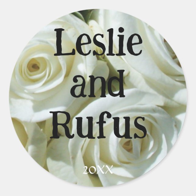 Redonda Pegatina de boda de rosas blancas personalizadas (Anverso)