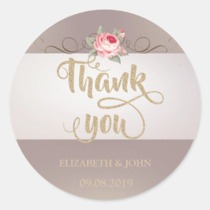 Redonda Pegatina de boda Elegant Rose Thank You