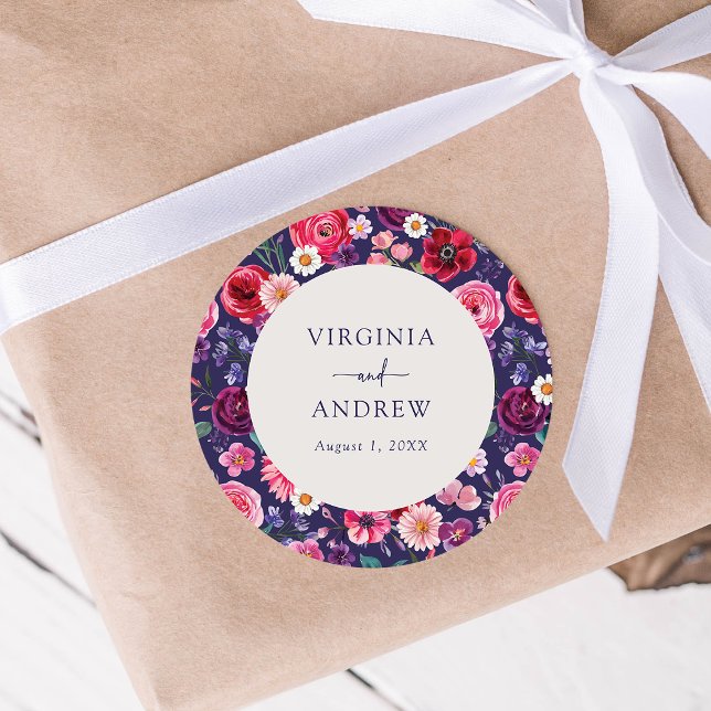 Redonda Pegatina de boda floral colorida (Colorful Floral Wedding Sticker  by Painted Paperie
)