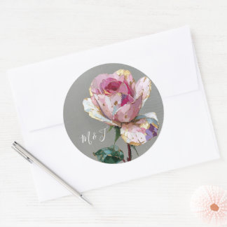 Redonda Pegatina de boda floral con relieve de rosa rosa e