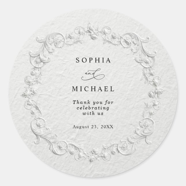 Redonda Pegatina de boda floral con relieve falso (Anverso)