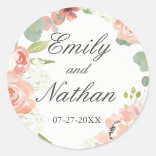 Redonda Pegatina de Boda floral de color acuático Rubor Pe