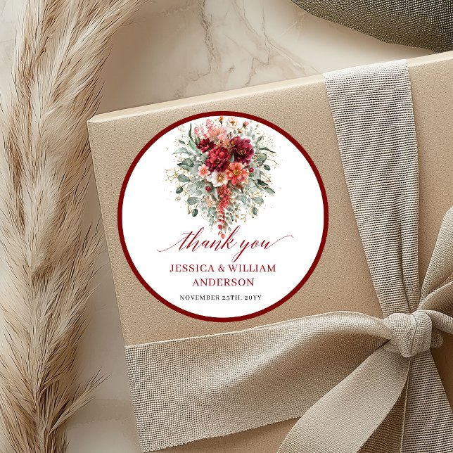 Redonda Pegatina de boda floral de otoño marrón rústico (Rustic Maroon Autumn Floral Wedding Sticker

)