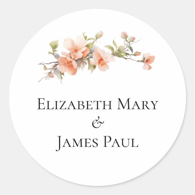Redonda Pegatina de Boda formal con blossom suave (Anverso)
