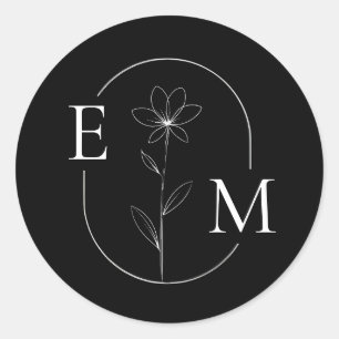 Redonda Pegatina de boda minimalista con flores monograma