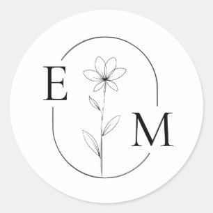 Redonda Pegatina de boda minimalista con flores monograma