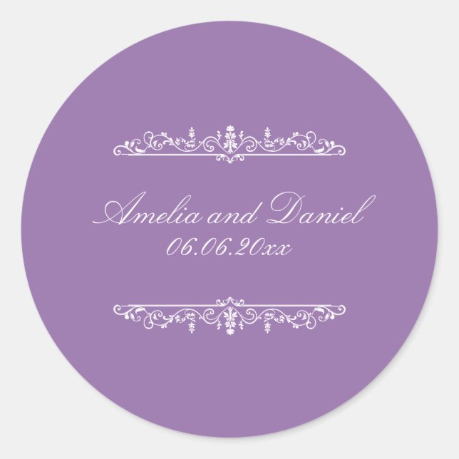 Redonda Pegatina de boda morada estilo Regencia (Anverso)