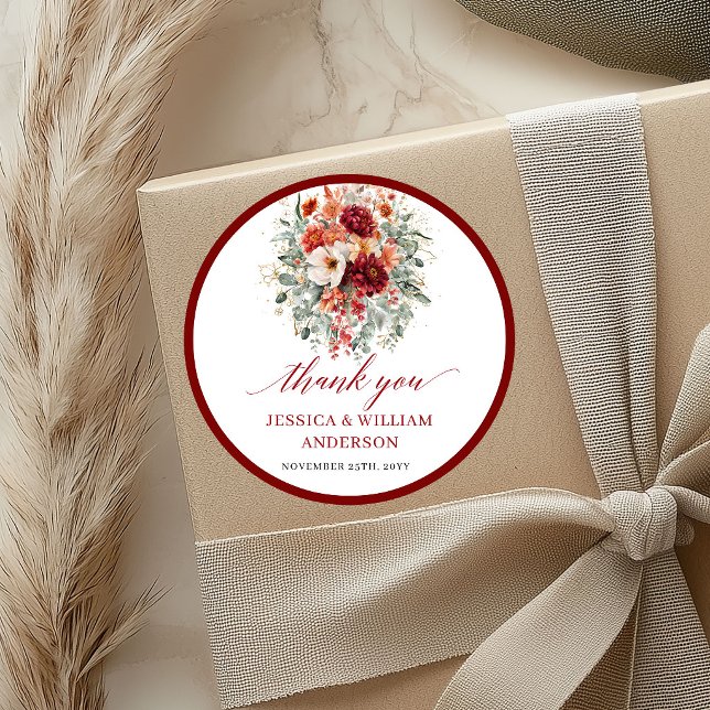 Redonda Pegatina de boda otoño borgoña granate (Maroon Autumn Burgundy Wedding Sticker

)