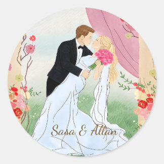 Redonda Pegatina de boda personalizada de novia y novio |
