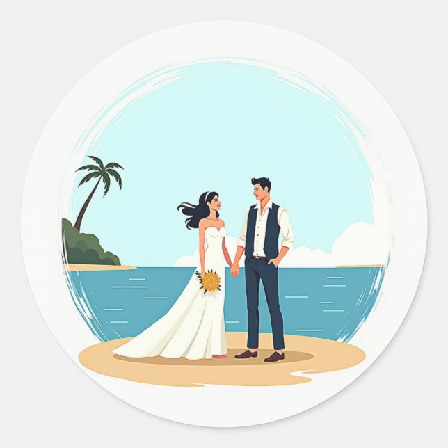 Redonda Pegatina de bodas de playa (Anverso)