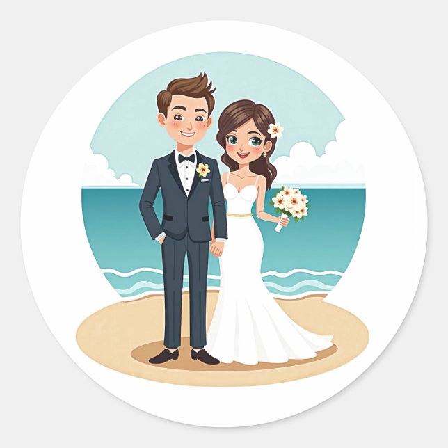 Redonda Pegatina de bodas de playa (Anverso)