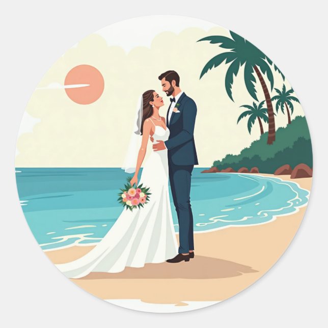 Redonda Pegatina de bodas de playa (Anverso)