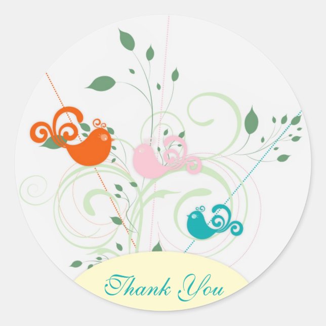 Redonda Pegatina de bodas de Swirls y Birds (Anverso)
