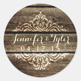 Redonda Pegatina de bodas de vintage de Rustic Barn Wood D