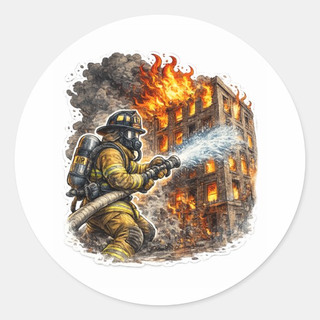 Redonda Pegatina de bombero héroe luchando contra incendio (Anverso)
