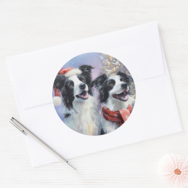 Redonda Pegatina de Border Collie alrededor de Navidad (Sobre)