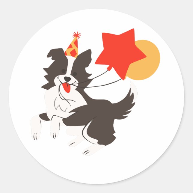 Redonda Pegatina de Border Collie con Globos Perro Adorabl (Anverso)