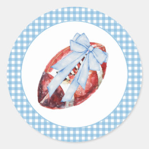Redonda Pegatina de Bow Blue & White Gingham Football Bow