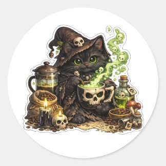 Redonda Pegatina de bruja cervecera de poción de gato negr