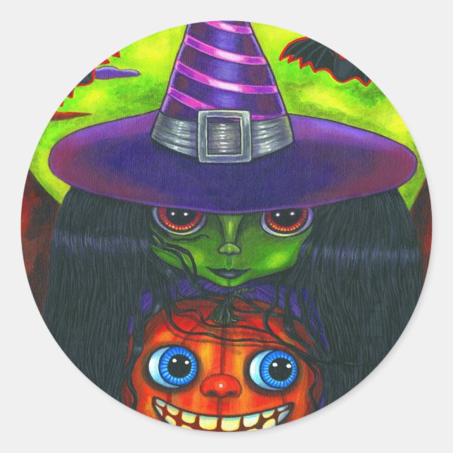 Redonda Pegatina de Brujas de Calabaza de Halloween (Anverso)