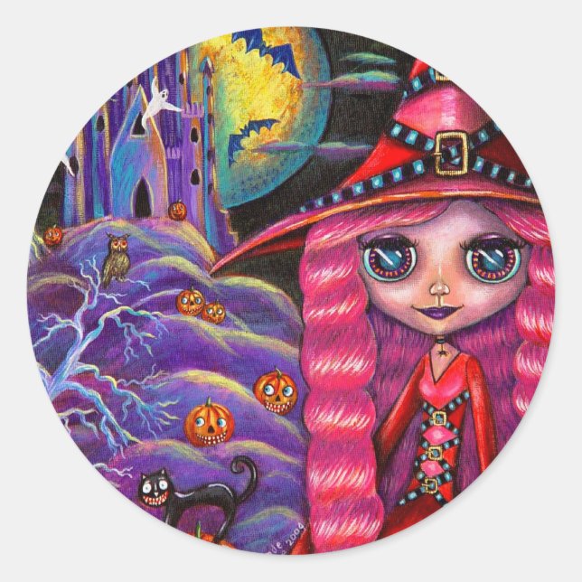 Redonda Pegatina de brujas de Halloween rosa (Anverso)