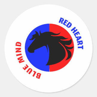 Redonda Pegatina de caballo con corazón rojo y mente azul