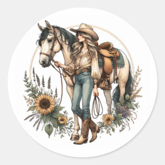 Redonda Pegatina de caballos y Chicas con girasoles