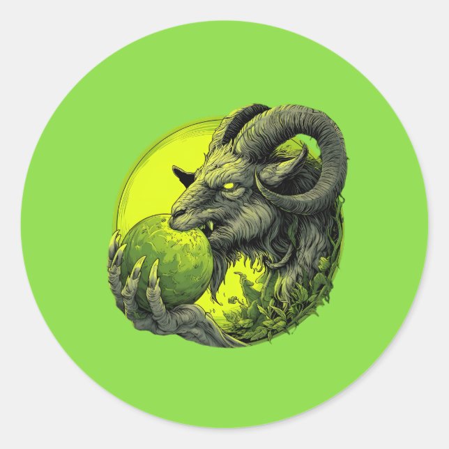 Redonda Pegatina de Cabra Demonio Verde Tóxico (Anverso)