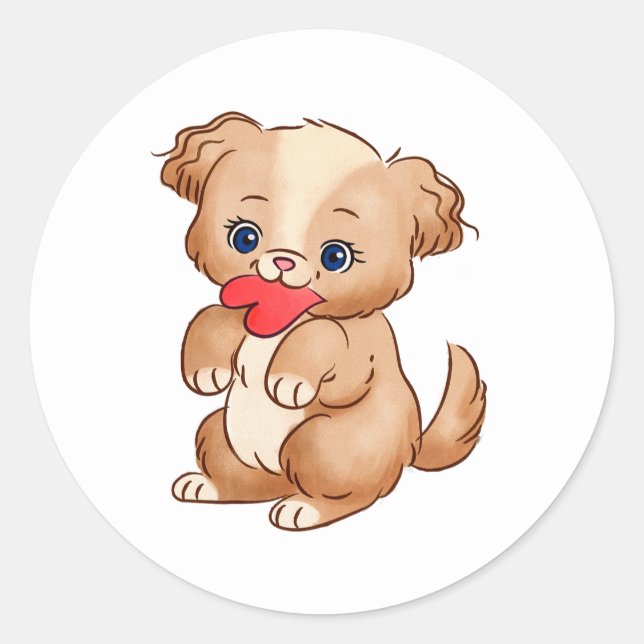 Redonda Pegatina de cachorro adorable con corazón | Calcom (Anverso)