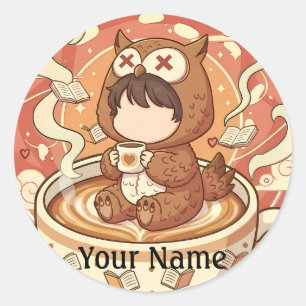 Redonda Pegatina de café de búho con nombre personalizado