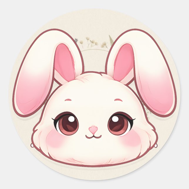 Redonda Pegatina de cara de conejo Kawaii adorable (Anverso)