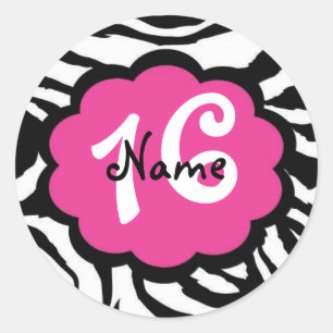 Redonda Pegatina de cebra rosa y negra "Sweet Sixteen"