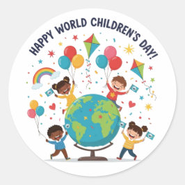 Redonda Pegatina de Celebración Feliz Día del Niño Mundial