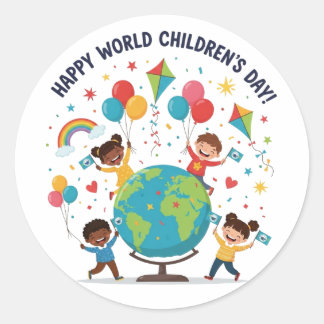 Redonda Pegatina de Celebración Feliz Día del Niño Mundial