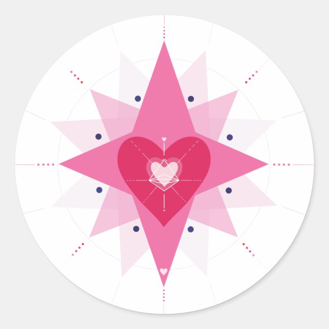 Redonda Pegatina de Círculo Rojo Rosa del Corazón Ilustrad (Anverso)