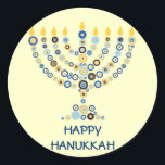 Redonda Pegatina de Círculos Concéntricos Menorah<br><div class="desc">Docenas de círculos concéntricos se forman para hacer una menorah Hanukkah iluminada. Añade tu mensaje debajo. Usar como sellos para sobres,  en regalos o como favores. También puede cambiar el fondo si lo desea. Disponible en productos coincidentes. com</div>