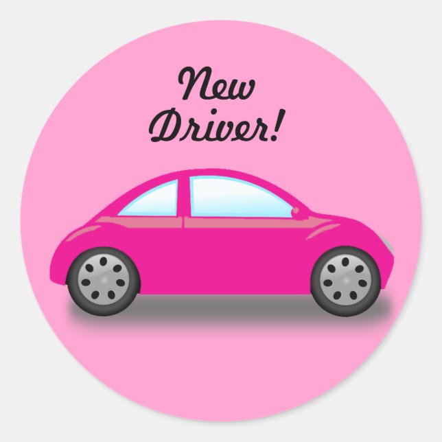 Redonda Pegatina de coche rosa conductor nuevo lindo (Anverso)