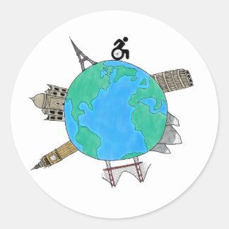 Redonda pegatina de color "Sillas de ruedas van a lugares"